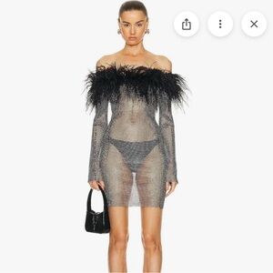 Santa Brands Black  Sheer Off-Shoulder Dress with Feather Trim